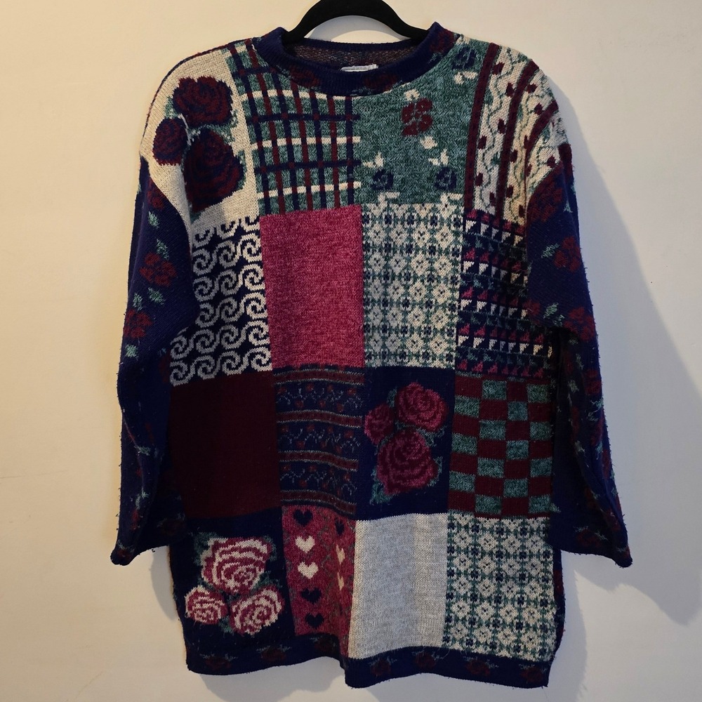 Vintage 90s Classic Elements Sweater Womens L Multi Color Patchwork Floral Knit